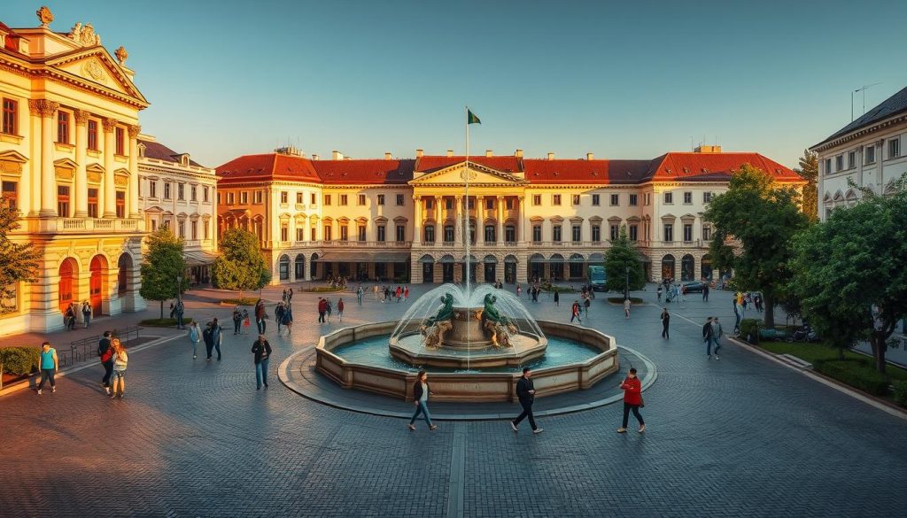 A bustling town square in Mukachevo, Ukraine, known as "Ploshcha Myru" or "Peace Square". The grand neoclassical buildings lining the square are bathed in warm afternoon light, their ornate facades casting long shadows across the cobblestone pavement. In the center, a majestic fountain adorned with statues stands as the focal point, surrounded by people strolling, conversing, and soaking in the lively atmosphere. Lush trees and landscaping add to the picturesque scene, creating a serene and inviting public space that serves as the heart of the city. Captured with a wide-angle lens to showcase the square's expansive grandeur. 7fishing.com.ua