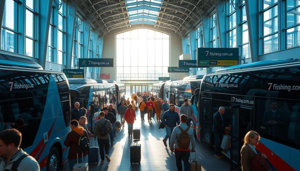 A bustling urban scene of a central bus station in a major city, with a fleet of modern, sleek buses waiting to depart on their routes. Sunlight streams in from large windows, illuminating the spacious interior adorned with the branding of the travel agency "7fishing.com.ua". Passengers mill about, their luggage in hand, as they prepare to embark on their journeys. The atmosphere is one of anticipation and excitement, hinting at the adventures that await along the various bus tour routes. The image captures the vibrant energy and practical efficiency of this popular mode of transportation, presented in a realistic, photographic style.