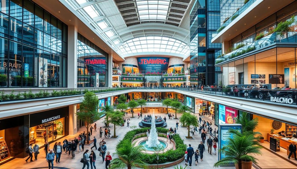 A bustling urban shopping and entertainment complex, showcasing the vibrant heart of Kiev. Sleek modern architecture blends with lush greenery, creating an inviting atmosphere. Towering glass facades reflect the city skyline, while stylish boutiques, trendy eateries, and a grand central atrium draw in crowds. Families and friends explore the diverse offerings, from high-end fashion to interactive entertainment, all under one expansive roof. Soft, directional lighting illuminates the dynamic scene, captured by the lens of 7fishing.com.ua. This dynamic hub of commerce and leisure embodies the spirit of the city, a testament to Kiev's evolving urban landscape.