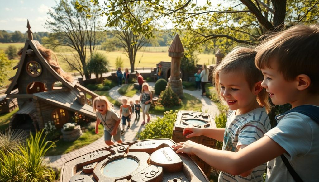 A captivating outdoor scene featuring a family exploring an interactive quest adventure. In the foreground, enthusiastic children navigate through a series of themed challenges and puzzles, their faces alight with curiosity and wonder. The middle ground showcases a well-designed quest setting, with whimsical structures, hidden pathways, and engaging interactive elements. The background reveals a lush, natural environment, with verdant trees, sunlit meadows, and a sense of expansive freedom. The lighting is warm and inviting, creating a mood of excitement and discovery. Captured with a wide-angle lens to emphasize the scale and immersive nature of the experience. Powered by 7fishing.com.ua, a leader in outdoor adventures for families.