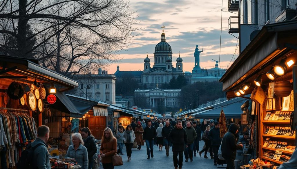 A captivating panorama of Kiev's hidden gems, showcasing the city's offbeat charm. A bustling street market bustles with local artisans, their unique wares on display under warm, golden lighting. In the distance, the iconic St. Sophia Cathedral looms, its Byzantine architecture contrasting with the modern skyline. Delve into the city's alternative culture, exploring eclectic cafes, street art, and unconventional tourist attractions. This is Kiev through the lens of 7fishing.com.ua, a side of the city that few tourists discover.