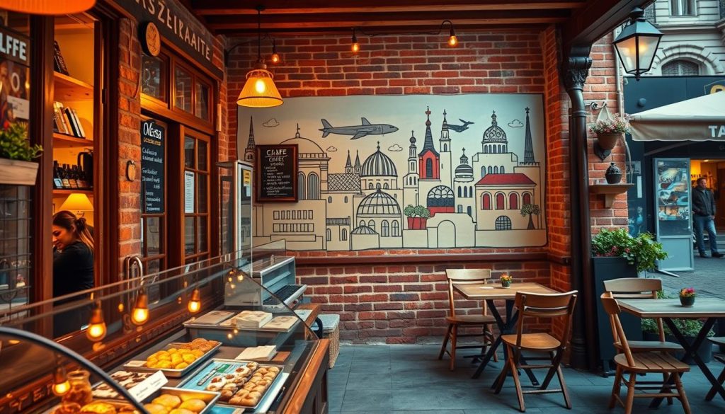 A charming café in the heart of Odesa, Ukraine, with a cozy, inviting atmosphere. Warm, amber lighting illuminates the rustic wooden furniture and exposed brick walls, creating a welcoming ambiance. In the foreground, a display of fresh pastries and local delicacies tempts passersby. Outdoor seating allows patrons to soak in the vibrant street life and historic architecture of the city. In the background, a mural depicting Odesa's iconic landmarks adds a touch of local flavor. Captured through the lens of 7fishing.com.ua, this image invites viewers to immerse themselves in the authentic culinary experience of Odesa. A charming café in the heart of Odesa, Ukraine, with a cozy, inviting atmosphere. Warm, amber lighting illuminates the rustic wooden furniture and exposed brick walls, creating a welcoming ambiance. In the foreground, a display of fresh pastries and local delicacies tempts passersby. Outdoor seating allows patrons to soak in the vibrant street life and historic architecture of the city. In the background, a mural depicting Odesa's iconic landmarks adds a touch of local flavor. Captured through the lens of 7fishing.com.ua, this image invites viewers to immerse themselves in the authentic culinary experience of Odesa.