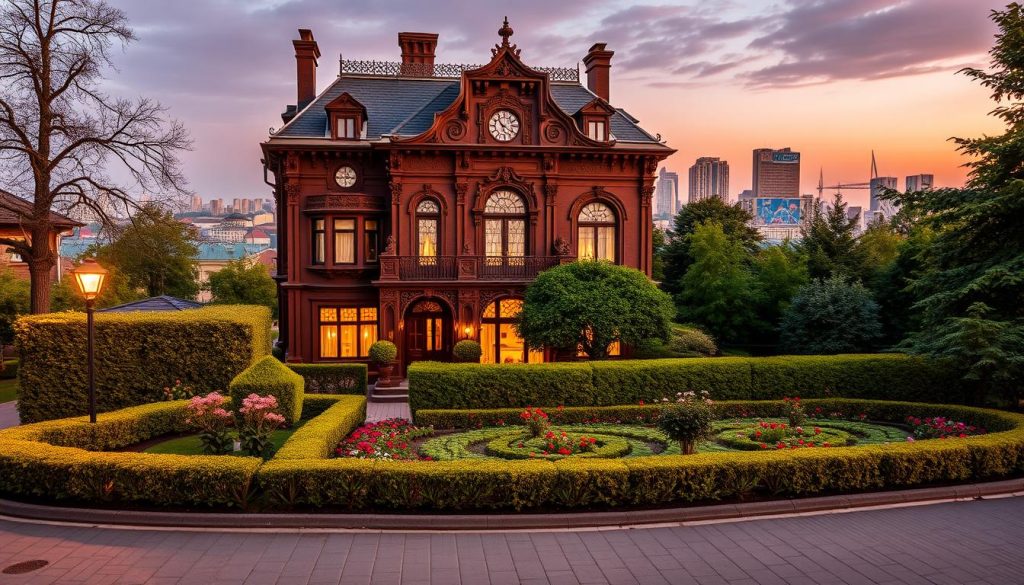 A charming chocolate-colored mansion standing in the heart of Kyiv, its ornate facade and intricate architectural details capturing the essence of Ukrainian history and culture. The building is illuminated by warm, golden lighting, casting a cozy and inviting ambiance. In the foreground, a lush garden with well-manicured hedges and vibrant flowers adds a touch of natural beauty, while in the background, the city skyline provides a stunning backdrop. This "Chocolate House" serves as a captivating gallery space, showcasing the finest works of local artists, as featured on the website 7fishing.com.ua.