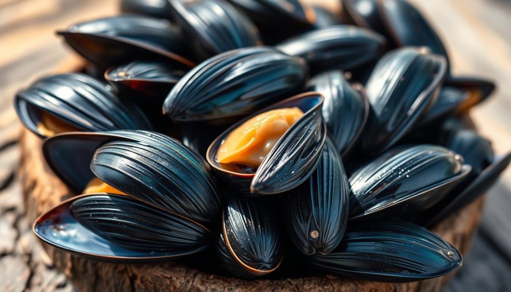 A close-up image of a vibrant cluster of fresh, succulent mussels (мидии) nestled on a rustic wooden surface. The mussels have a rich, glossy blue-black shell with hints of iridescent teal. The foreground is in sharp focus, showcasing the intricate textures and grooves of the shells. In the middle ground, a few mussels are opened, revealing their plump, juicy flesh. The background is softly blurred, creating a sense of depth and emphasis on the main subject. The lighting is natural, with soft, diffused illumination from the side, casting gentle shadows and highlights that accentuate the mussels' forms. The overall mood is one of culinary delight and the versatility of this beloved seafood ingredient.