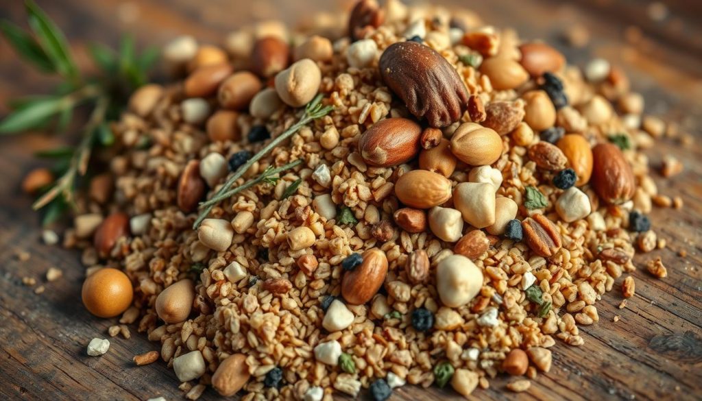 A close-up of a handful of freshly prepared fishing bait, including a mixture of ground grains, crushed nuts, and fragrant herbs. The bait is arranged artfully on a wooden surface, with soft, diffused lighting highlighting the rich, earthy tones and textural details. The composition creates a sense of abundance and the promise of a successful fishing trip, reflecting the "Рыболовные секреты успешной ловли" theme. The image conveys a mood of rustic simplicity and the expertise of seasoned anglers.