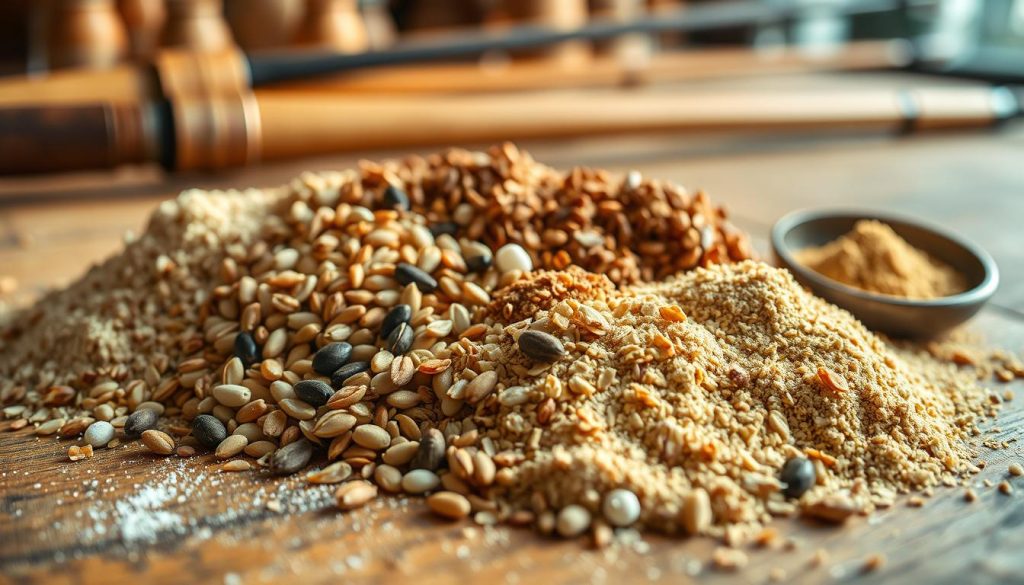 A close-up photograph of an assortment of dry ingredients for a fishing groundbait, shot with a macro lens in natural daylight. The foreground features various grains, seeds, and powdered supplements neatly arranged on a wooden surface, with a soft, blurred background showcasing fishing rods and other tackle. The lighting is warm and diffused, creating a cozy, rustic atmosphere that reflects the artisanal process of preparing a custom groundbait mixture for a feeder fishing setup. The composition emphasizes the textures and colors of the high-quality ingredients, inviting the viewer to imagine the scent and consistency of the finished groundbait.