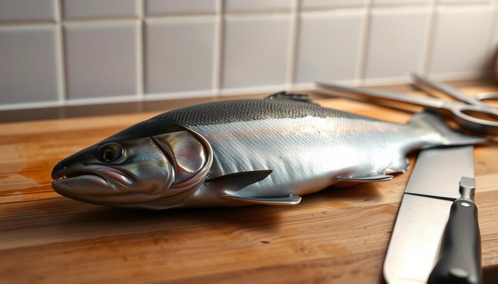 A close-up scene of a well-lit kitchen counter, showcasing the preparation of fresh rainbow trout. The fish lies on a wooden cutting board, its silvery scales glistening under the soft, warm lighting. Nearby, a sharp fillet knife and a pair of kitchen shears rest, ready for the skilled cleaning and filleting process. In the background, a clean, minimalist white wall creates a simple, uncluttered backdrop, allowing the focus to remain on the task at hand. The entire scene conveys a sense of culinary expertise and attention to detail, as if captured for the pages of 7fishing.com.ua.