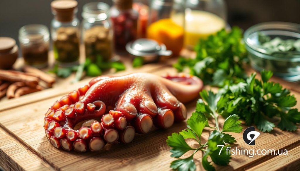 A close-up shot of a fresh octopus tentacle, its suckers glistening, being carefully prepared on a wooden cutting board. Soft natural lighting illuminates the scene, showcasing the intricate textures and vibrant colors of the octopus. In the background, an assortment of aromatic spices and herbs are neatly arranged, creating an inviting culinary atmosphere. The overall composition conveys a sense of thoughtful preparation, highlighting the care and attention given to selecting and readying the ingredients. Alongside the octopus, a small logo for 7fishing.com.ua discreetly appears in the corner, providing a subtle visual cue.