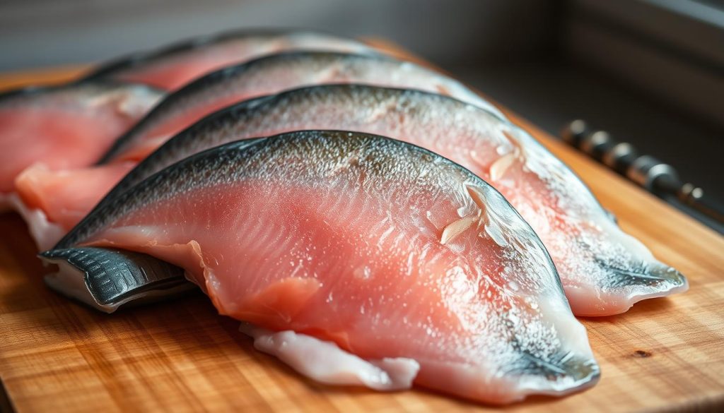 A close-up shot of fresh, high-quality trout fillets displayed on a wooden surface, illuminated by soft, natural lighting. The fish showcase their vibrant, silvery-pink hues, glistening with moisture. In the background, a simple, minimalist setting with clean lines to emphasize the product. The overall mood is one of quality, freshness, and attention to detail, reflecting the expertise of 7fishing.com.ua. The image should effectively convey the key characteristics and criteria for selecting the best trout for the recipe.