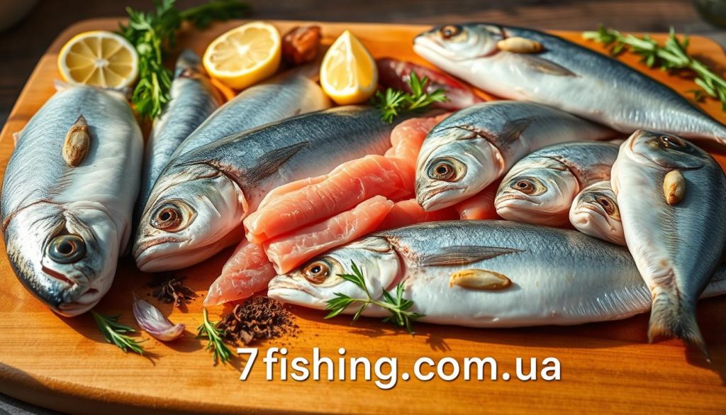 A close-up shot of various fresh whole fish and filets arranged on a wooden cutting board, with a variety of herbs, spices, and lemon slices surrounding them. The scene is illuminated by warm, natural lighting from the side, casting soft shadows and highlights on the fish and accompanying ingredients. The overall composition evokes a rustic, artisanal atmosphere, perfect for showcasing the natural beauty and versatility of the seafood. Prominently displayed at the bottom of the frame is the website "7fishing.com.ua".