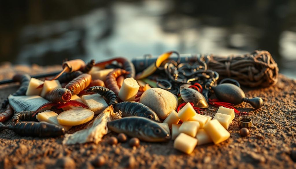 A close-up shot of various live baits and lures for catfish fishing, arranged on a natural, earthy background. The scene is illuminated by warm, soft lighting, creating a moody and atmospheric feel. In the foreground, there are several types of catfish bait, such as nightcrawlers, pieces of fish, and prepared dough baits. In the middle ground, there are different lures and terminal tackle, including jigs, weighted hooks, and sinkers. The background features a blurred, out-of-focus natural setting, such as a riverbank or pond edge, hinting at the environment where these baits and lures would be used. The overall composition and lighting evoke a sense of tranquility and the anticipation of a successful catfish fishing session.