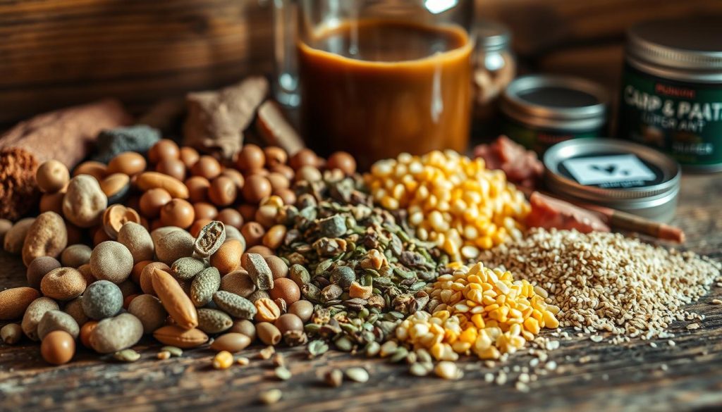 A close-up still life of various types of carp baits and groundbaits neatly arranged on a rustic wooden surface. In the foreground, there are small piles of different textured and colored boilies, pellets, and crushed grains. In the middle ground, a scattering of corn kernels, hemp seeds, and chopped liver. The background features a glass jar filled with a murky carp attractant liquid, and a small tin of pungent carp paste. The lighting is warm and natural, with soft shadows that accentuate the textures and colors of the ingredients. The overall mood is one of careful preparation and anticipation for a successful carp fishing session.