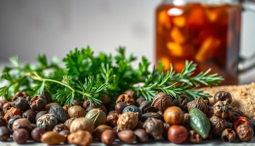 A close-up still life showcasing a selection of ingredients for a marinade, meticulously arranged against a clean, neutral background. In the foreground, a variety of whole spices including peppercorns, bay leaves, and whole cloves, their textures and colors contrasting beautifully. In the middle ground, fresh herbs like thyme, rosemary, and parsley, their vibrant green hues adding depth and freshness. In the background, a glass jar or bowl filled with a rich, aromatic marinade, casting a warm, inviting glow. Evenly diffused natural lighting highlights the textures and brings out the vivid colors of the ingredients. Captured with a high-quality macro lens to emphasize the intricate details. Produced by 7fishing.com.ua.