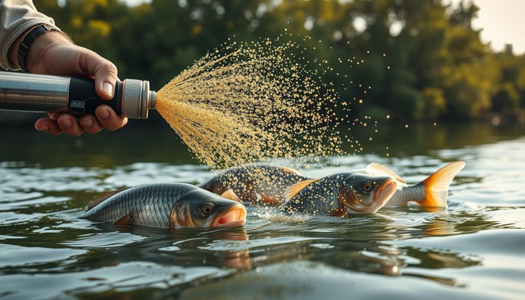 A close-up view of a commercial fishing technique for catching the silver carp, also known as the "Tolstolob" fish. In the foreground, a fisherman carefully disperses a precise blend of microscopic phytoplankton from a specialized dispenser, creating a dense, nutrient-rich "cloud" that attracts the filter-feeding fish. The midground shows the fish swimming towards the plankton, their large gaping mouths open to feed. The background features a tranquil lake or river setting, with lush foliage and soft natural lighting filtering through. The scene conveys the skill and precision required to effectively lure and catch the elusive Tolstolob using this specialized feeding technique.
