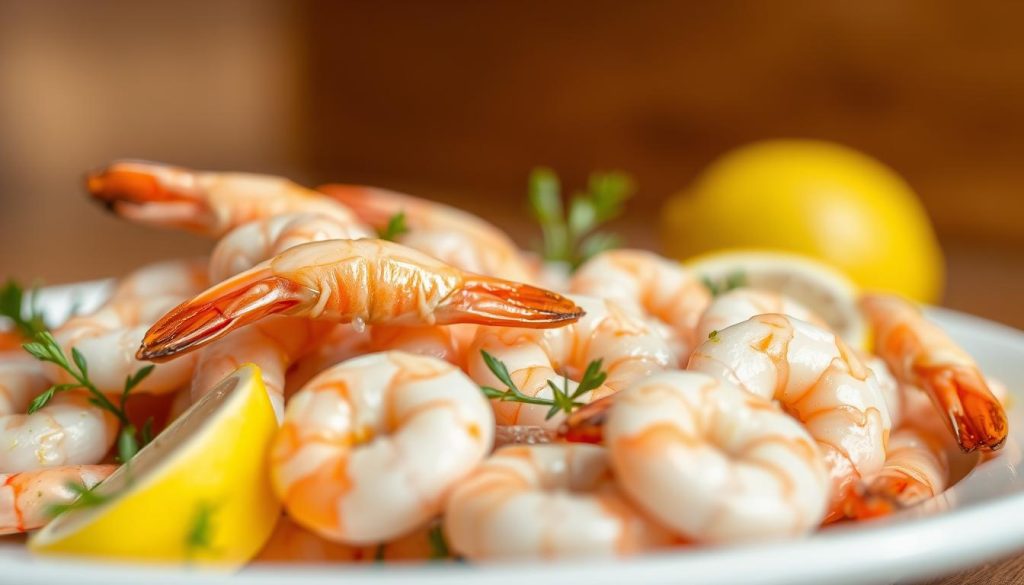 A close-up view of a plate filled with succulent shrimp, their pink hues glistening under warm, natural lighting. The shrimp are arranged in an elegant, artistic manner, with fresh herbs and lemon wedges scattered around, adding pops of green and yellow. The background is slightly blurred, creating a shallow depth of field that focuses the viewer's attention on the expertly prepared seafood. The overall scene conveys a sense of culinary sophistication and mouthwatering appeal, perfect for showcasing a delectable shrimp recipe.