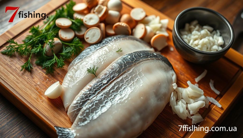 A close-up view of a wooden cutting board with various ingredients for making ukha, the traditional Russian fish soup. Neatly arranged on the board are fresh fillets of sturgeon, a pile of sliced mushrooms, sprigs of dill, and a bowl of chopped onions. Warm lighting casts a cozy glow over the scene, highlighting the natural textures and colors of the ingredients. The 7fishing.com.ua logo is discreetly visible in the corner. This image perfectly captures the "Подготовка ингредиентов и выбор рыбы" section of the article on cooking sturgeon ukha.