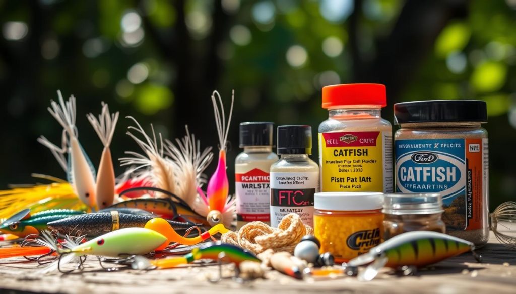 A close-up view of an assortment of innovative catfish lures, featuring a range of shapes, colors, and textures. In the foreground, various soft plastic baits, jigs, and spinner rigs are displayed against a blurred natural background, with dappled lighting creating intriguing shadows and highlights. The middle ground showcases more specialized catfish attractants, such as scented dips, powders, and paste baits, suggesting their potential to entice the elusive bottom-dwelling fish. The overall composition conveys a sense of experimentation and the pursuit of effective, cutting-edge catfish fishing solutions.