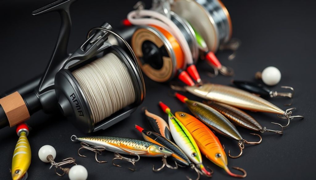A closeup shot of a well-stocked fishing tackle setup for catching white amur (grass carp). A matte black graphite rod with a high-quality spinning reel, braided line, and an assortment of specialized lures, hooks, and floats. The reel is filled with a smooth, durable line suited for landing large, powerful fish. Vibrant, life-like lures in a variety of shapes and colors sit neatly organized on a dark background, ready to tempt the amur. A soft, neutral lighting accentuates the textures and details of the premium-quality fishing gear, conveying a sense of professionalism and preparedness for a successful amur fishing expedition.