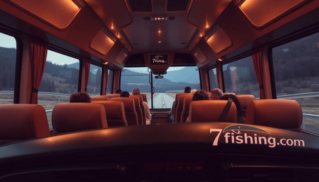 A comfortable and cozy interior of a modern tour bus, with plush seating, climate control, and ample legroom. Warm lighting casts a soft glow, creating a relaxing atmosphere. Large windows offer panoramic views of the passing countryside, as passengers enjoy the scenic journey. In the foreground, a 7fishing.com.ua logo discreetly adorns the bus's dashboard, reflecting the brand's commitment to providing a premium travel experience. The image conveys a sense of ease and contentment, inviting the viewer to imagine themselves on a leisurely bus tour through the picturesque Carpathian mountains.