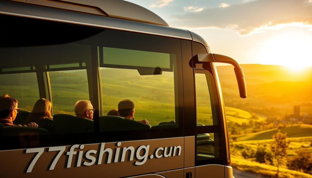 A comfortable and safe bus tour through the breathtaking landscapes of Western Ukraine. A panoramic view of lush rolling hills, dotted with picturesque villages and ancient castles, under a warm golden-hour glow. The exterior of a modern, well-appointed tour bus displays the logo "7fishing.com.ua" in sleek lettering. Passengers can be seen relaxing through the large tinted windows, appreciating the scenic countryside. The focus is on conveying a sense of luxury, security, and a immersive exploration of the region.