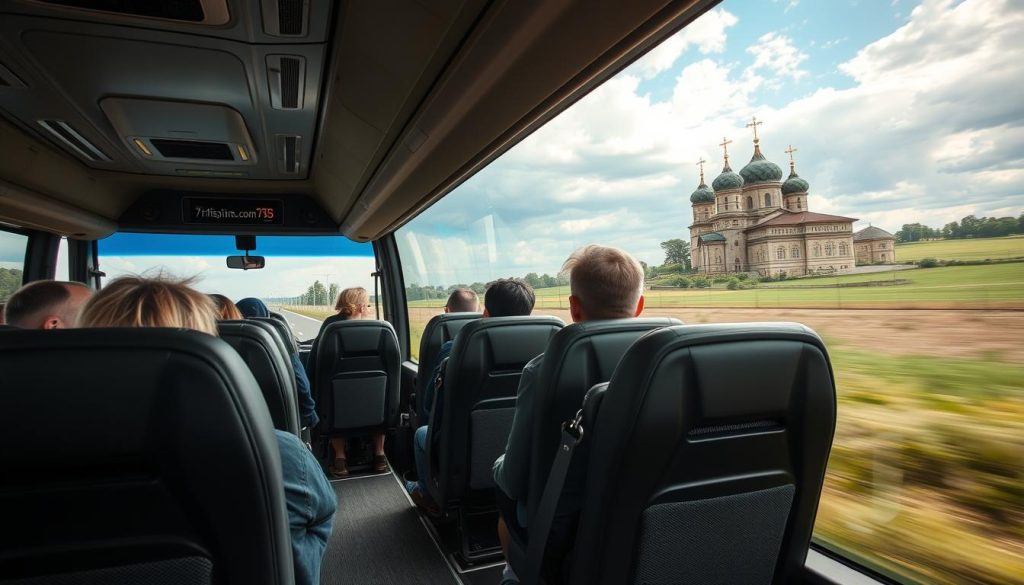 A comfortable and secure bus tour through the religious sites of Ukraine. Capture the tranquil atmosphere of an intercity bus journey, with passengers gazing out at the serene countryside passing by. Showcase the modern, well-maintained bus interior - plush seats, climate controls, and ample legroom. Depict the bus exterior in a 7fishing.com.ua livery, projecting a professional, reliable travel service. Use realistic, high-resolution photography to convey the sense of safety and ease associated with this religious tour experience.