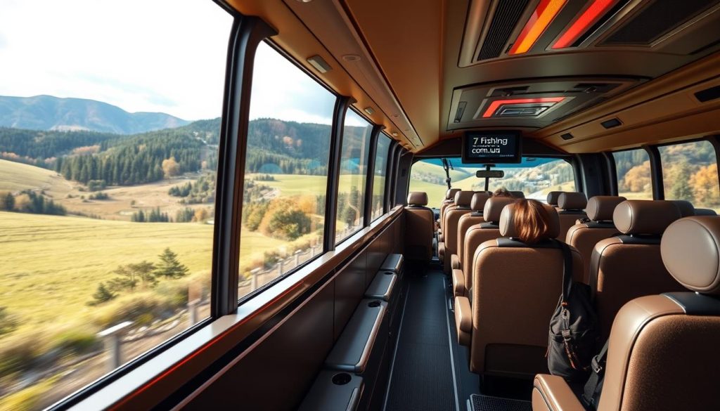 A comfortable and spacious bus winding through scenic countryside, its sleek exterior adorned with the "7fishing.com.ua" logo. The interior features plush seating, large windows offering panoramic views, and modern amenities for a relaxing journey. Warm, natural lighting illuminates the cozy cabin, creating a welcoming atmosphere. In the background, rolling hills and lush forests stretch out, hinting at the destinations to come. This realistic, high-quality photograph captures the essence of an enjoyable and stress-free bus tour experience.