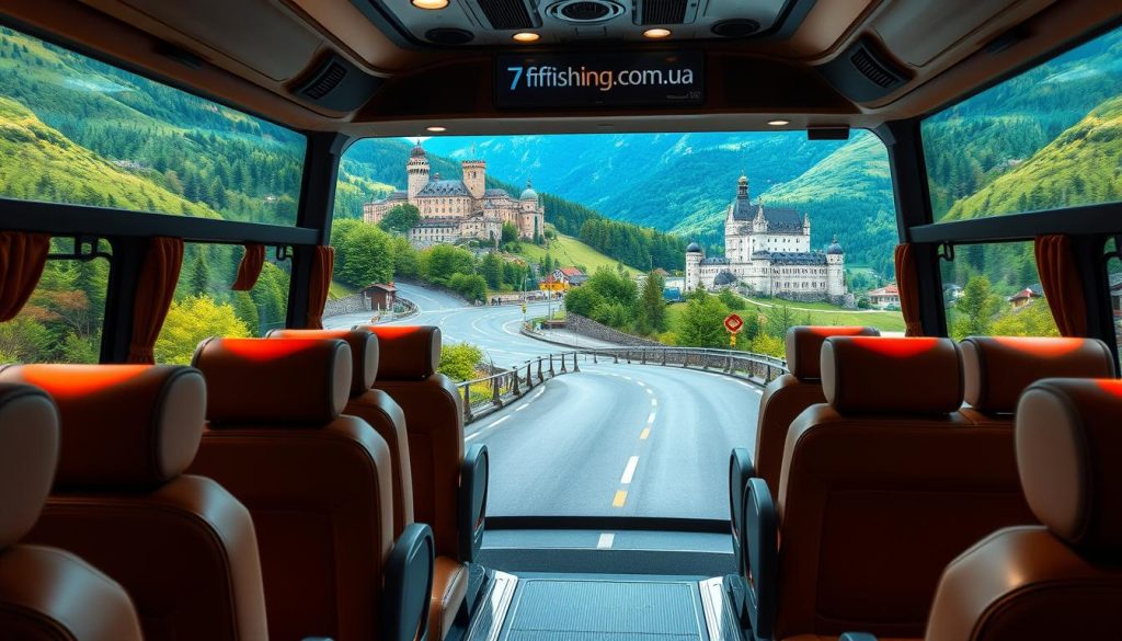 A comfortable and spacious European tour bus drives along a scenic mountain road, winding through lush green forests and rolling hills. The exterior features the branding "7fishing.com.ua" in a bold, modern font. Inside, the bus is equipped with plush leather seats, large panoramic windows, and state-of-the-art entertainment systems, providing a luxurious and relaxing travel experience. Warm, soft lighting creates a cozy atmosphere as the bus navigates the picturesque European countryside, offering passengers breathtaking views of ancient castles, charming villages, and historic landmarks. This realistic, high-quality photograph captures the essence of an immersive, comfortable, and unforgettable bus tour through the heart of Europe.