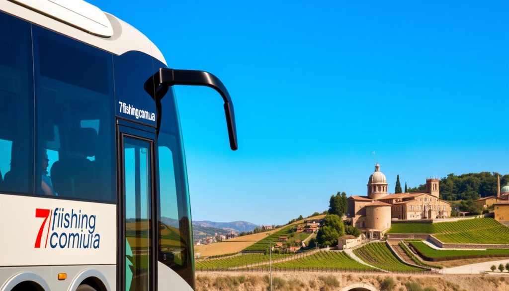 A comfortable long-distance bus journey from the coastal city of Odesa to the enchanting landscapes of Italy, captured in a realistic photographic style. The foreground features a modern, well-equipped bus with the branding "7fishing.com.ua" prominently displayed. Passengers can be seen relaxing inside, enjoying the scenic views through the large windows. The middle ground showcases the picturesque Italian countryside, with rolling hills, vineyards, and historic architecture. The background is dominated by a clear, blue sky, creating a serene and tranquil atmosphere. The lighting is natural and warm, highlighting the beauty of the surroundings. The overall composition conveys the convenience and comfort of this Odesa-to-Italy bus tour.