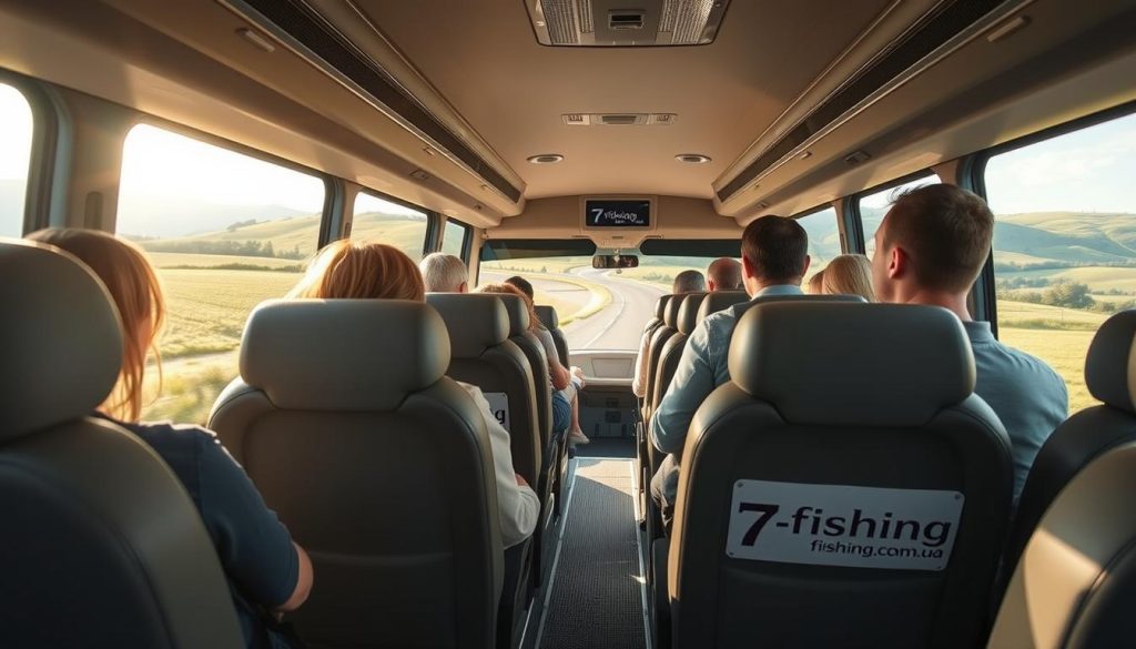 A comfortable, modern bus navigates winding country roads, its passengers enjoying the scenic countryside. The vehicle's sleek exterior bears the logo of "7fishing.com.ua", a trusted provider of economical and comfortable bus tours. The interior is well-appointed, with plush seating and ample legroom, creating a relaxing travel experience. Soft, natural lighting filters through the windows, casting a warm glow over the tranquil scene. In the background, rolling hills and lush greenery frame the peaceful, pastoral landscape. This realistic, high-quality photograph captures the essence of affordable and comfortable bus travel options.