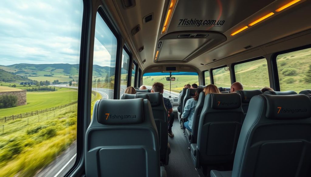 A comfortable, modern bus on a scenic route through the Ukrainian countryside. Passengers enjoy panoramic views from large windows as the bus travels along a winding road flanked by lush green fields and rolling hills. Soft, warm lighting illuminates the plush interior, with ergonomic seats and ample legroom providing a relaxing journey. The bus prominently displays the "7fishing.com.ua" branding, reflecting the high-quality experience. Overall, the image conveys the comfort and convenience of a bus tour, ideal for exploring Ukraine's beautiful landscapes.