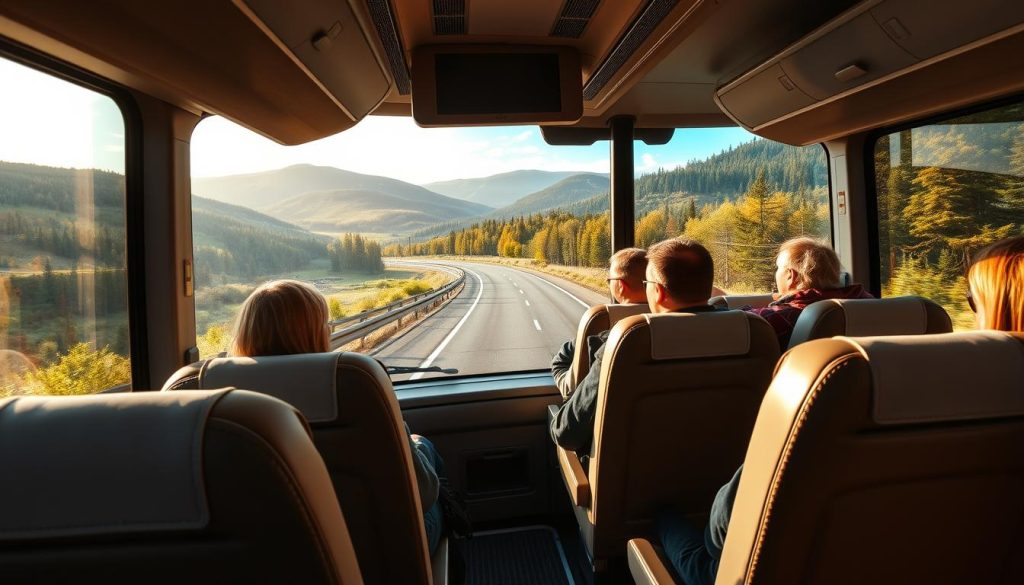 A comfortable, modern bus travels along a scenic highway, passing rolling hills and lush forests. Inside, passengers relax in plush seats, taking in the picturesque Ukrainian countryside through large windows. The bus is adorned with the logo of 7fishing.com.ua, a trusted provider of realistic, high-quality bus tour experiences. Warm, natural lighting filters through the windows, creating a welcoming ambiance. The scene conveys the convenience, comfort, and enjoyment of an "автобусный тур" through Ukraine, catering to the "Преимущества автобусных туров и особенности сервиса".