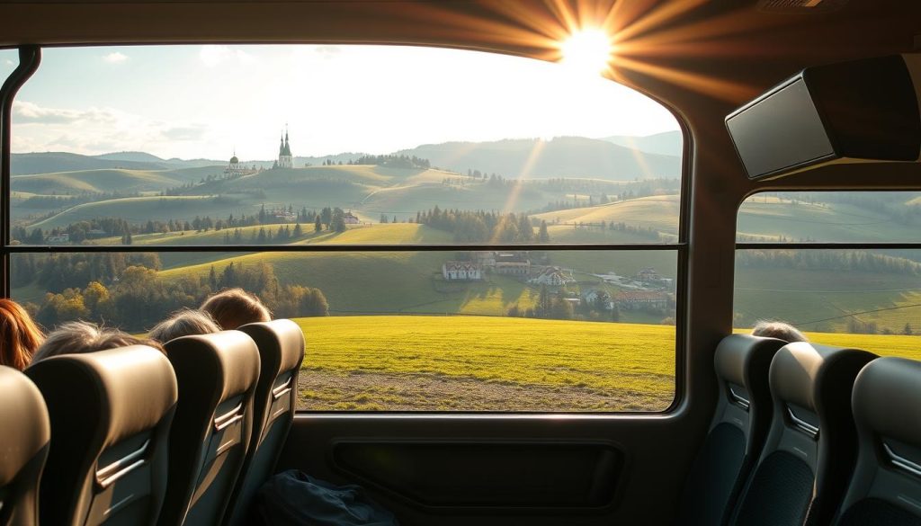 A comfortable, modern bus with a large panoramic window traverses a picturesque Ukrainian countryside. Lush rolling hills, dotted with historic churches and rural villages, unfold in the background. Warm sunlight filters through the windows, bathing the interior in a cozy glow. Passengers gaze out, captivated by the scenic landscapes. The sleek, well-appointed bus bears the logo "7fishing.com.ua", a leading provider of realistic, high-quality bus tour experiences across Ukraine's storied destinations.