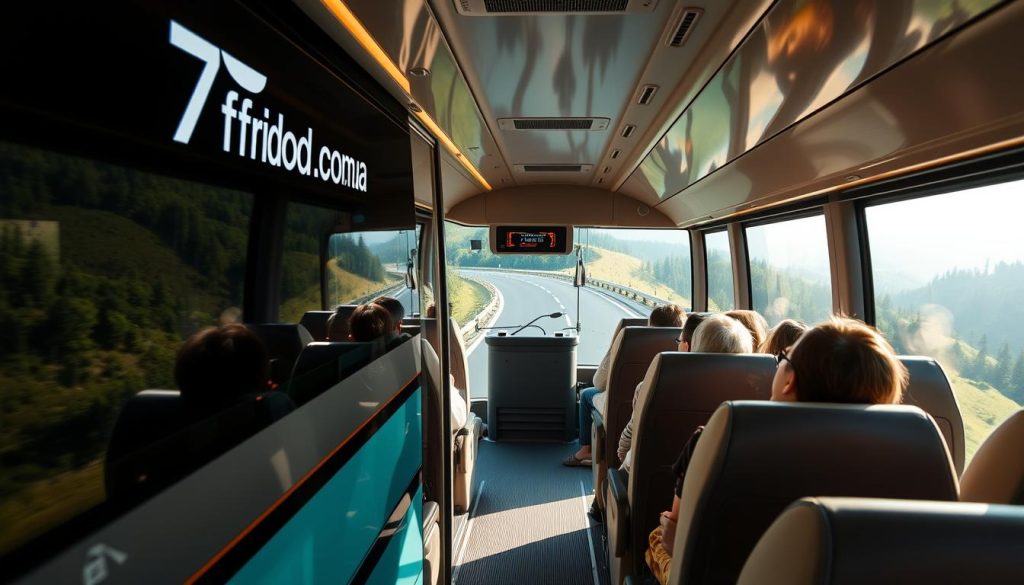 A comfortable, modern coach bus travels along a scenic road winding through rolling hills and verdant forests. The bus features the logo "7fishing.com.ua" prominently displayed, reflecting the brand's commitment to providing high-quality bus tours. Inside, passengers relax in plush seats, enjoying the view through large windows. The lighting is soft and natural, casting a warm, inviting glow throughout the cabin. The overall scene conveys the ease and convenience of bus travel, highlighting the advantages of this mode of transportation for Ukrainian travelers.