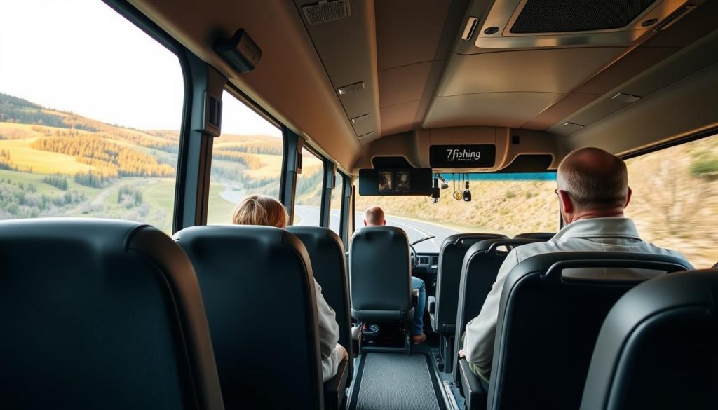 A comfortable, spacious bus navigates winding roads through picturesque Ukrainian countryside. The vehicle is adorned with the 7fishing.com.ua logo, indicating a safe and reliable transportation service. Passengers gaze out the large windows, taking in the serene, rolling hills and forests. The lighting is natural and warm, creating a calming, pleasant atmosphere. The bus driver maintains a steady, attentive pace, ensuring a smooth, secure journey. This realistic, high-quality scene conveys the advantages of bus tours from Melitopol, offering a comfortable, scenic, and protected travel experience during uncertain times.