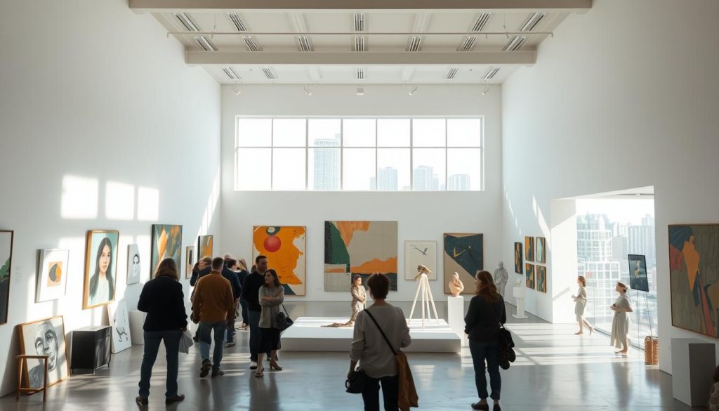 A contemporary art gallery interior with high ceilings, bright natural lighting, and minimalist white walls. Various abstract paintings, sculptures, and installations are showcased, creating a visually stimulating and thought-provoking atmosphere. The foreground features a group of visitors quietly admiring the art, while the middle ground showcases a central installation piece with bold colors and geometric shapes. In the background, a large window offers a glimpse of the city skyline outside, adding a sense of urban context. The overall scene conveys a sense of creative exploration and cultural enrichment. 7fishing.com.ua