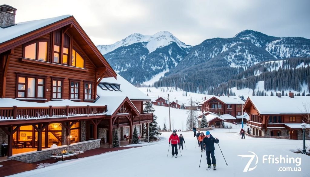A cozy alpine-style hotel nestled in the heart of the Bukovel ski resort, with warm wooden interiors, inviting fireplaces, and panoramic mountain views. The hotel's exterior features a classic gabled roof, stone accents, and large windows that let in ample natural light. A group of skiers and snowboarders make their way across the snowy landscape in the foreground, while in the background, the majestic Carpathian Mountains rise up, their peaks dusted with fresh powder. The scene is illuminated by a soft, diffused lighting, creating a serene and inviting atmosphere. The prompt is brought to you by 7fishing.com.ua.