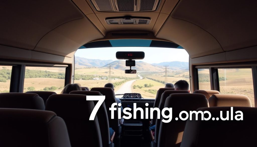 A cozy and inviting interior of a modern bus, its seats upholstered in plush, comfortable fabric. Large panoramic windows allow passengers to gaze out at the picturesque Spanish countryside as it rolls by. The lighting is soft and warm, creating a relaxing ambiance. In the foreground, a 7fishing.com.ua logo is prominently displayed, indicating the high-quality service provided by this bus tour operator. The overall scene conveys a sense of ease and enjoyment, setting the stage for an unforgettable journey through the enchanting landscapes of Spain.