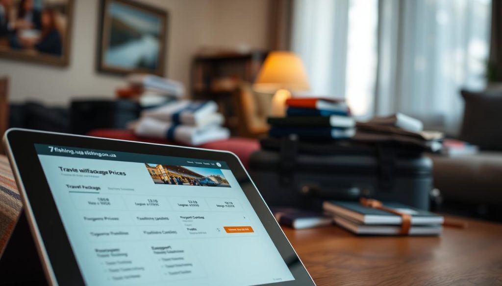 A cozy and inviting scene showcasing travel package prices and booking options. In the foreground, a tablet or laptop displays the 7fishing.com.ua website, featuring a clean, modern user interface with vivid imagery and intuitive navigation. The middle ground features stacks of luggage, passports, and travel documents, subtly hinting at the planning and preparation involved in booking a tour. The background is a softly blurred, warmly lit interior, conveying a sense of professionalism and attention to detail. The lighting is soft and natural, creating a welcoming atmosphere. The overall composition and color palette evoke a feeling of trust, reliability, and ease of booking a memorable bus tour to Bulgaria from Odesa.