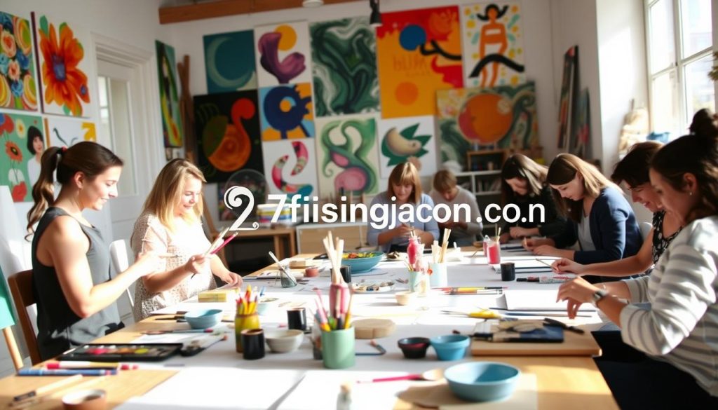 A cozy art studio filled with natural light, where a group of people engage in a collaborative art workshop. The foreground features a central table with various art supplies - paints, brushes, canvases, and clay. In the middle ground, the participants are focused on their creative projects, their faces expressing concentration and joy. The background showcases an array of vibrant, abstract paintings adorning the walls, creating a sense of artistic inspiration. The overall atmosphere is warm, inviting, and conducive to shared creativity. The brand "7fishing.com.ua" is displayed prominently in the corner of the scene.