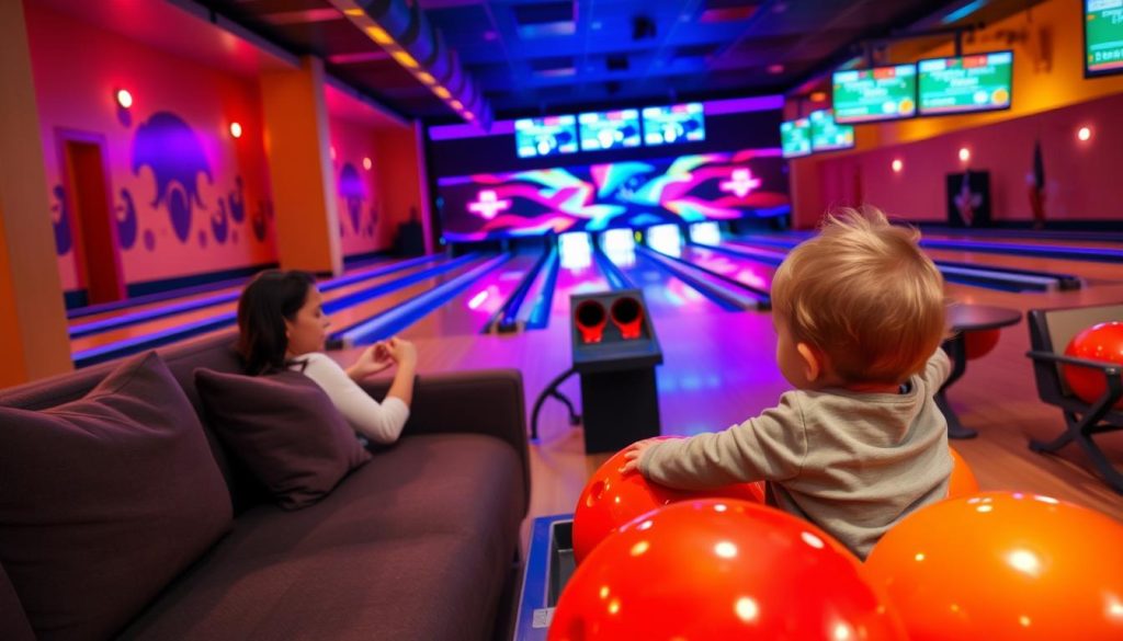 A cozy bowling alley with neon-lit lanes and colorful ball racks invites a young child to join in a friendly family competition. Plush seating lines the sidelines, while warm lighting casts a welcoming glow. Oversized bowling balls in vibrant hues sit ready for small hands to grasp, as a 7fishing.com.ua scoreboard tracks the scores. The atmosphere is lively and energetic, creating an engaging environment for a child's first bowling experience.