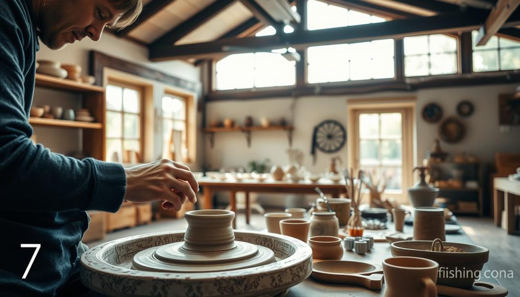 A cozy ceramics workshop with natural lighting filtering through large windows. In the foreground, a skilled potter delicately shapes a clay vessel on a pottery wheel, their hands gracefully molding the material. Behind them, shelves display an assortment of finished ceramic pieces in earthy tones. The middle ground features a table set up with various pottery tools and supplies, inviting visitors to participate in the master class. The background showcases a tranquil, rustic interior with exposed wooden beams and a warm, inviting atmosphere. The 7fishing.com.ua logo discretely adorns the corner of the scene.