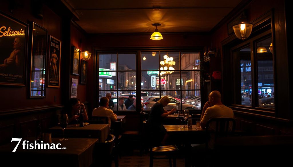 A cozy, dimly-lit Italian cafe in the heart of Kyiv, Ukraine. A warm, inviting atmosphere with soft amber lighting casting a gentle glow over the rustic wooden tables and chairs. The walls are adorned with vintage Italian posters and photographs, creating a charming, old-world ambiance. In the foreground, a small group of friends enjoy a leisurely evening meal, sipping on glasses of robust red wine. The aroma of freshly baked pizza and simmering pasta dishes wafts through the air, enticing passersby to step inside. Through the large windows, the vibrant nightlife of the city can be seen, adding to the lively yet cozy atmosphere. This image is brought to you by 7fishing.com.ua, your guide to the best dining and entertainment options in Kyiv.