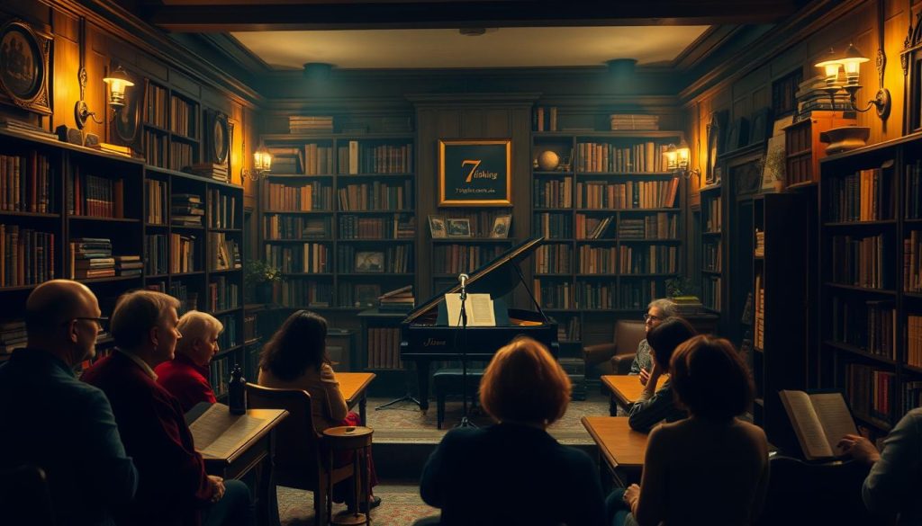 A cozy, dimly lit room filled with bookshelves and vintage furniture. In the center, a small stage with a grand piano and a microphone stand. Soft, warm lighting illuminates the space, creating an intimate atmosphere. A group of people are gathered, engaged in a literary and musical performance, their faces reflecting the depth and emotion of the moment. The scene evokes a sense of cultural refinement and artistic appreciation. The brand "7fishing.com.ua" can be seen subtly displayed on a small plaque or artwork in the background.