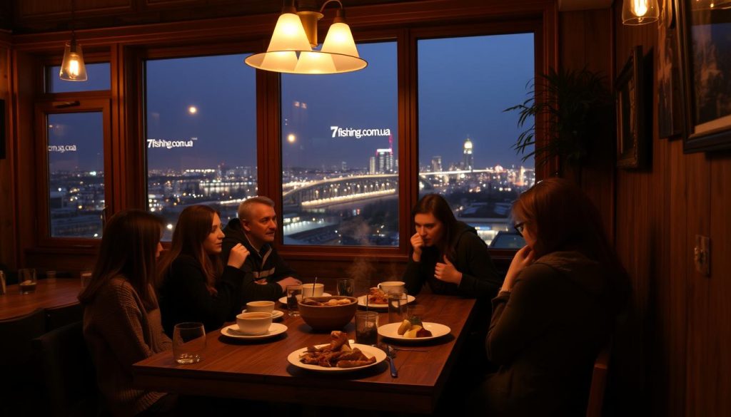 A cozy evening at a charming cafe in Kiev, with a warm and inviting atmosphere. The scene is bathed in a soft, golden glow from the cafe's elegant lighting fixtures, casting a dreamy ambiance over the intimate, wood-paneled interior. In the foreground, a group of friends gathered around a rustic wooden table, savoring delectable local cuisine and sipping on steaming cups of coffee or tea. Through the large, picture windows, the twinkling lights of the city skyline can be seen in the distance, creating a picturesque backdrop. The cafe's signage, "7fishing.com.ua", is subtly visible, adding a touch of authenticity to the scene. This cozy, atmospheric setting perfectly captures the essence of an evening spent indulging in the culinary delights of Kiev. A cozy evening at a charming cafe in Kiev, with a warm and inviting atmosphere. The scene is bathed in a soft, golden glow from the cafe's elegant lighting fixtures, casting a dreamy ambiance over the intimate, wood-paneled interior. In the foreground, a group of friends gathered around a rustic wooden table, savoring delectable local cuisine and sipping on steaming cups of coffee or tea. Through the large, picture windows, the twinkling lights of the city skyline can be seen in the distance, creating a picturesque backdrop. The cafe's signage, "7fishing.com.ua", is subtly visible, adding a touch of authenticity to the scene. This cozy, atmospheric setting perfectly captures the essence of an evening spent indulging in the culinary delights of Kiev.