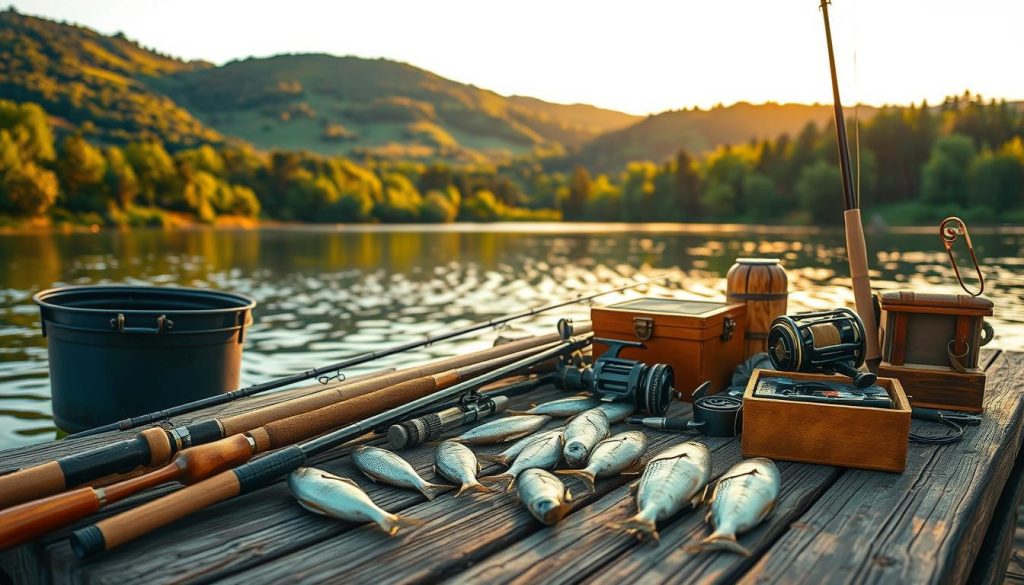 A cozy fishing scene with a variety of traditional Russian angling equipment. In the foreground, an array of carefully selected fishing rods, reels, and tackle boxes lie neatly arranged on a weathered wooden dock. The middle ground features a tranquil lake or river, its surface reflecting the warm, golden light of the afternoon sun. In the background, a lush, verdant landscape of rolling hills and dense forests completes the serene, countryside setting. The overall mood is one of peaceful contemplation and the simple pleasures of the sport, capturing the essence of the ideal conditions for catching plötze, or roach, a beloved freshwater fish in Russian angling culture.
