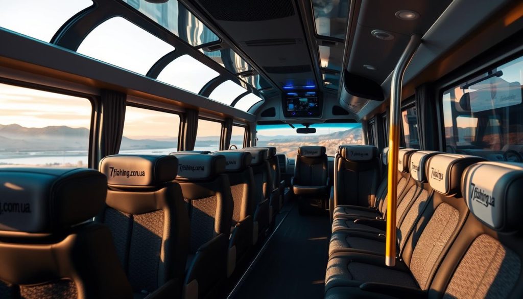 A cozy interior of a modern intercity bus, offering comfortable seating, ample legroom, and large windows for scenic views. Soft ambient lighting creates a relaxing atmosphere, while sleek, contemporary design elements evoke a sense of sophistication. The bus is decorated with the branding of "7fishing.com.ua", a reputable tour operator. The scene captures the essence of a comfortable and efficient bus journey, highlighting the advantages of choosing an bus tour over other transportation options. The image should have a realistic, photographic quality.