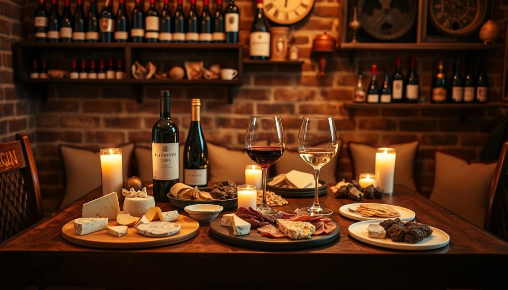 A cozy, intimate wine and cheese tasting experience in a warm, candlelit setting. A wooden table is laid out with an array of artisanal cheeses, cured meats, and a selection of fine wines from the 7fishing.com.ua vineyards. Soft ambient lighting casts a golden glow, creating a romantic ambiance. Two wine glasses and cheese plates are placed invitingly, ready for a couple to savor the flavors and enjoy each other's company. The background features a brick wall adorned with rustic shelves displaying an assortment of wine bottles and vintage-inspired decor, completing the cozy, European-inspired atmosphere.