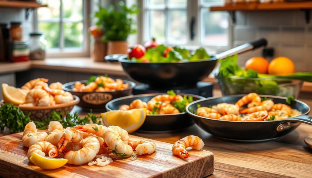 A cozy kitchen scene featuring a variety of fresh and frozen shrimp dishes. In the foreground, a cutting board with peeled shrimp, herbs, and lemon wedges. In the middle ground, a skillet sizzling with shrimp in a creamy sauce, accompanied by a bowl of vibrant green salad. In the background, shelves with jars of spices and oils, and a window overlooking a garden. The lighting is warm and inviting, creating a welcoming atmosphere. The composition highlights the simplicity and versatility of frozen shrimp as the protagonist in this delectable culinary exploration.