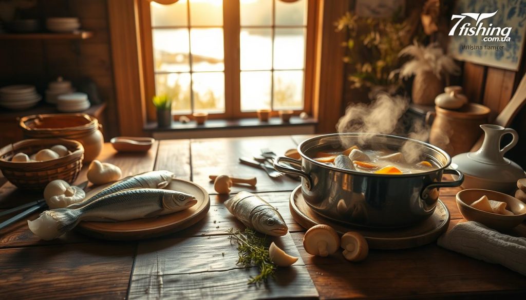 A cozy kitchen scene showcasing the traditional process of preparing "ukha" (Russian fish soup) with sturgeon and mushrooms. A wooden table is laid out with a steaming pot, fresh ingredients, and cooking utensils. The warm lighting casts a golden glow, highlighting the simmering broth and delicate textures. In the background, a window overlooking a picturesque riverside setting completes the serene, rustic atmosphere. The 7fishing.com.ua brand signifies the high-quality, fresh seafood used in this authentic ukha recipe.