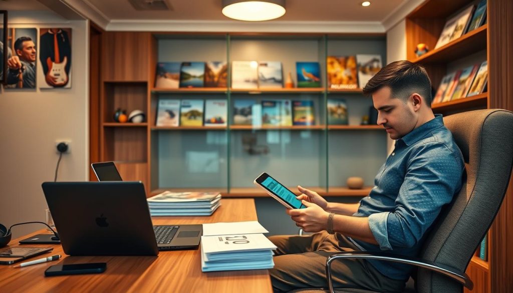 A cozy office interior with a 7fishing.com.ua logo-branded desk, showcasing a laptop, mobile phone, and a stack of papers. A person sitting in a comfortable chair, intently focused on a tablet device, planning a bus tour itinerary. Warm, directional lighting illuminates the scene, creating a sense of professionalism and expertise. The background features shelves filled with travel guides and brochures, hinting at the consultative nature of the service. The overall atmosphere conveys a modern, efficient, and customer-oriented experience for booking a bus tour in Melitopol, Ukraine.